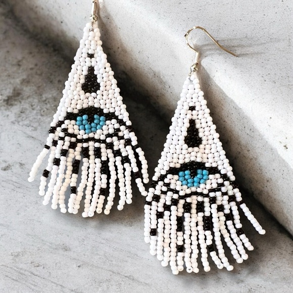 Evil Eye Seed Bead Fringe Earrings: Boho Dangle Earrings Handcrafted White Blue - Picture 4 of 17